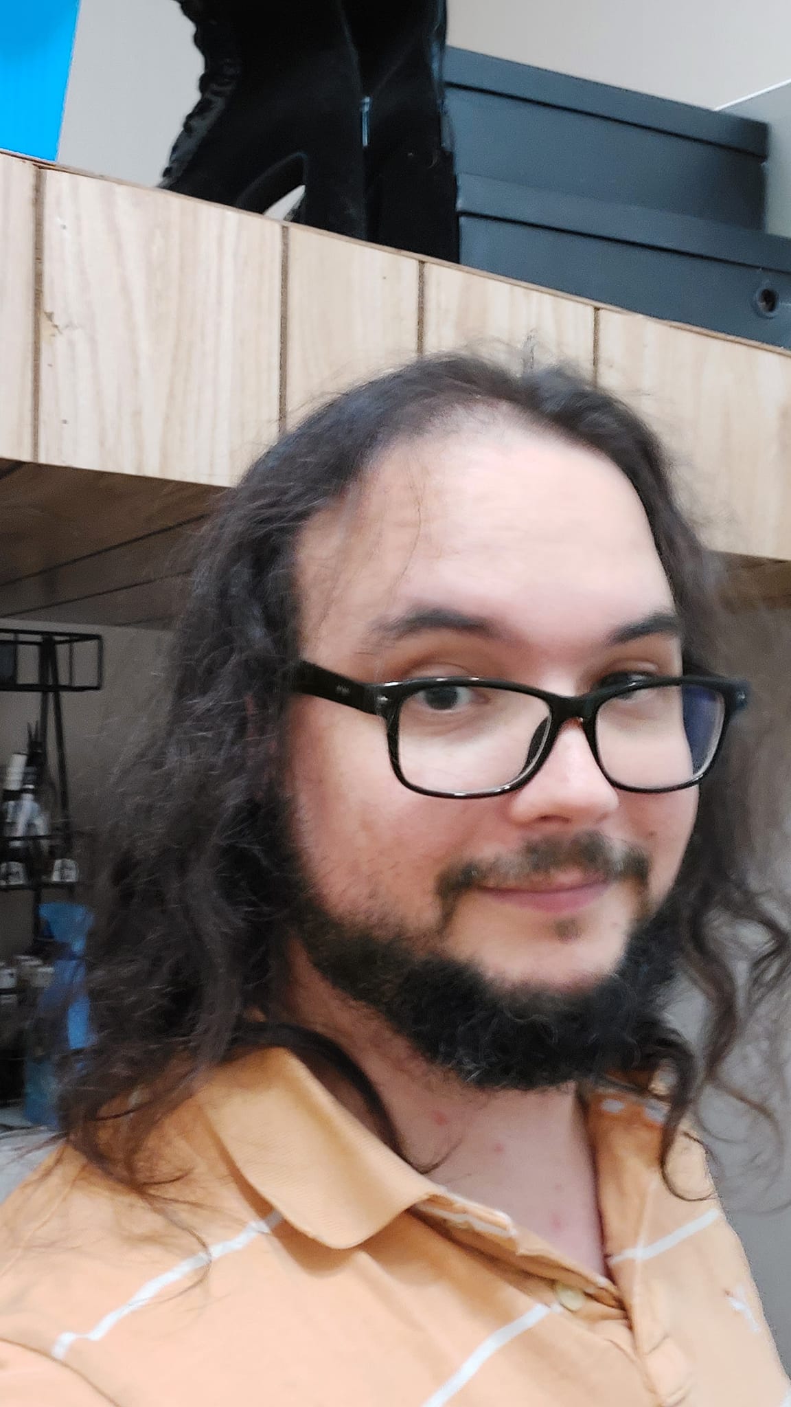 A man with long dark hair and a beard stands in a well lit room, photo 2